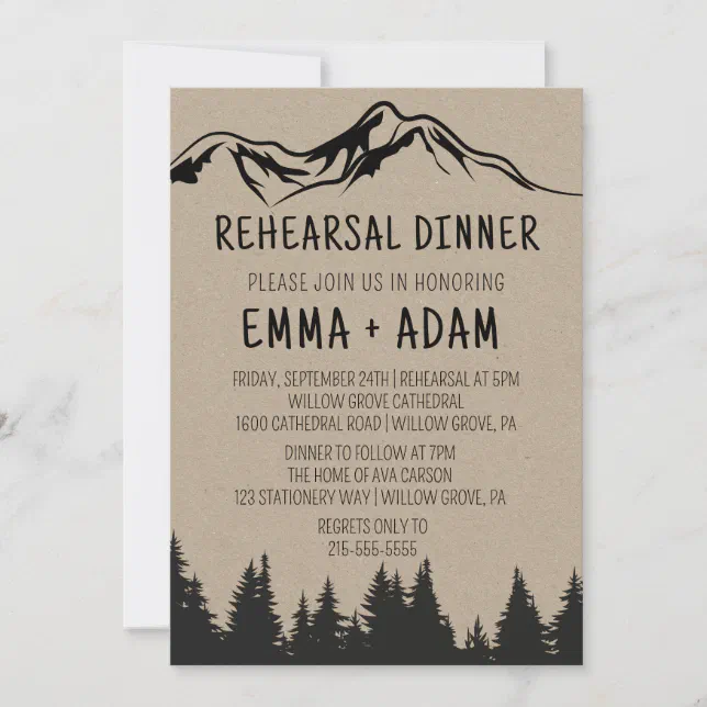 Rustic Woodsy Mountain Rehearsal Dinner Invitation