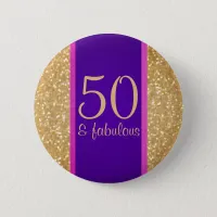 Purple & Glittery 50 & Fabulous 50th Birthday Pinback Button