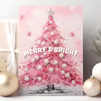 Pink Watercolor Christmas Tree Merry & Bright  Holiday Card