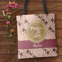 Peace & Joy Pink Gold Personalized Christmas Tote Bag