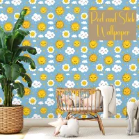 Happy Sun Clouds Kids Blue Peel And Stick  Wallpaper