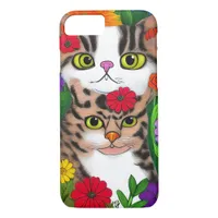 Whimsical Gray and White Cats | Colorful Flowers iPhone 8/7 Case