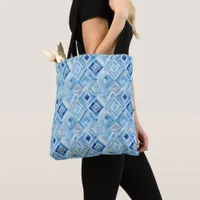 Blue and White Diamond-shaped Patchwork Tote Bag