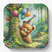 Cute Watercolor Cartoon Baby Bear Cub Birthday Paper Plates