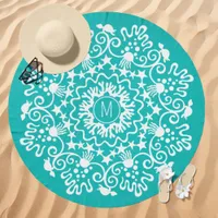 Ocean Life Mandala Monogram Aqua Beach Towel