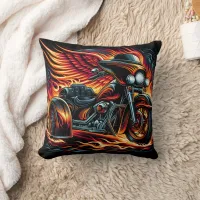 Fiery motorcycle with wings racing through flames throw pillow