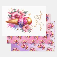 Large Pink and Gold Ice Cream Golden Birthday Wrapping Paper Sheets
