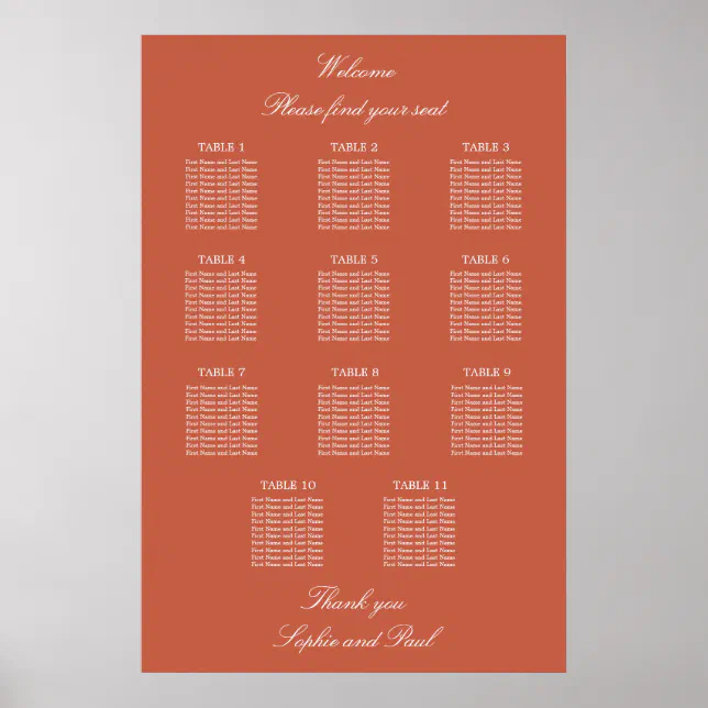 Terracotta 11 Table Wedding Seating Chart Poster