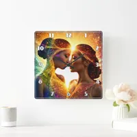 Two Women Embrace With Colorful Energy Aura Square Wall Clock