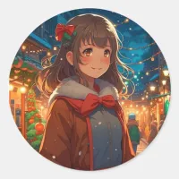 Anime Girl on Christmas Night Classic Round Sticker