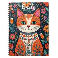 Cute Kitten with Whimsical Folk Art Flowers Notebook