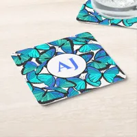 Tropical Blue Butterfly Print Monogrammed Square Paper Coaster