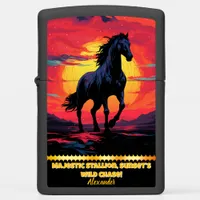 Black horse gallops at sunset by mountains zippo lighter