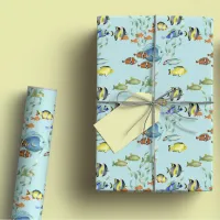 Cute Tropical Fish Cartoons, Blue Watercolor Wrapping Paper Sheets