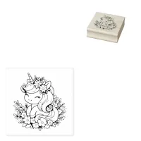 Pink and Blue Unicorn and Flowers Rubber Stamp