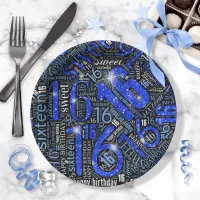 Sweet Sixteen Sparkle Word Cloud Blue Blk ID265 Paper Plates