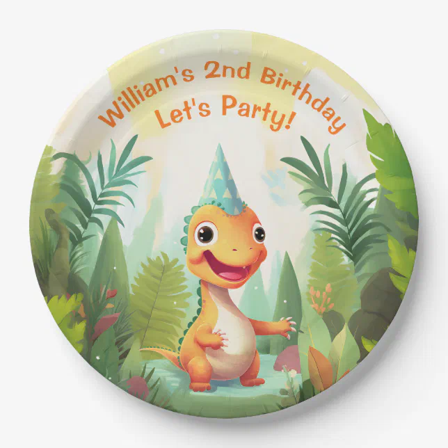 Cute Dinosaur Tropical Forest | Dino Kids Birthday Paper Plates