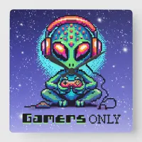 Gamers Only | Pixel Art Alien  Square Wall Clock