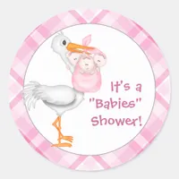 Stork & Triplet Girls Baby Shower Classic Round Sticker