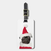 Cute Christmas Black Pug Puppy Santa Hat Luggage Tag