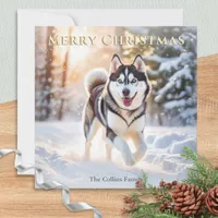 Husky Dog In Winter Snow Merry Christmas Holiday Card