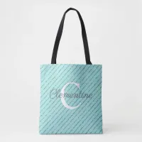 Modern Teal Turquoise Glitter Stripes Monogram Tote Bag