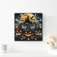 Halloween pumpkins and witches at dusk square wall clock