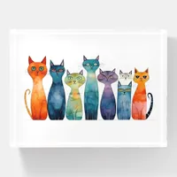 Whimsical Orange Purple Teal Watercolor Cats Paperweight