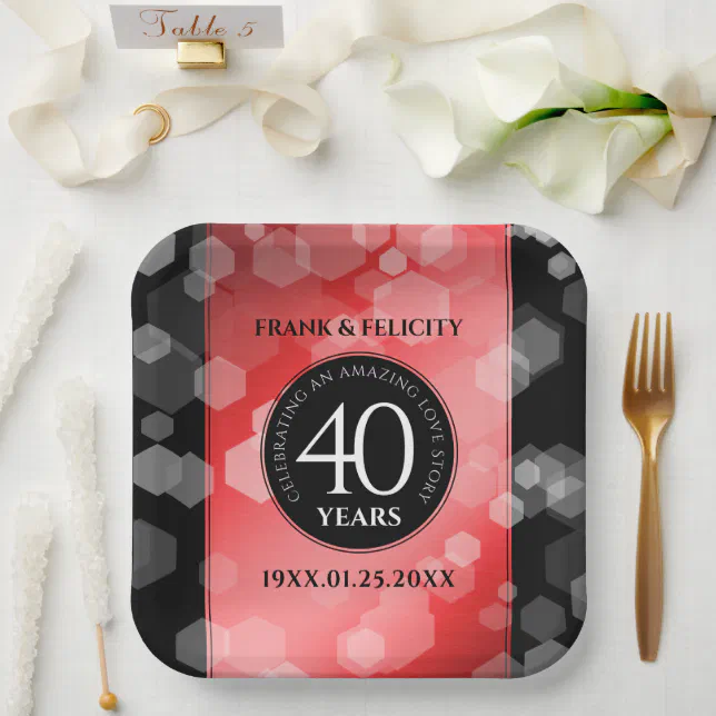 Elegant 40th Ruby Wedding Anniversary Celebration Paper Plates