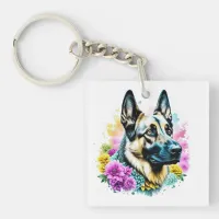 German Shepherd and Flowers ai art Personalized Keychain