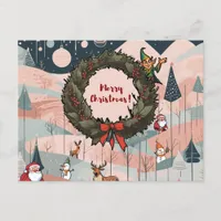 Whimsical Merry Christmas with Festive Wreath Holiday Postcard