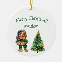 Cheeky Christmas Troll and Tree Delight  Ceramic Ornament