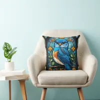 Majestic Bluebird Perched on Stained Glass Window Throw Pillow