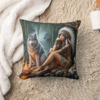 Native American Woman Sitting By A Wolf Throw Pillow