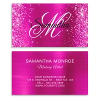 Glittery Hot Pink Foil Fancy Monogram Business Card