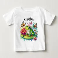 Cute Frog on Lily Pad with Flowers and Butterflies Baby T-Shirt