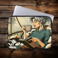 Cozy Lady Reading with Coffee and Cat Laptop Sleeve