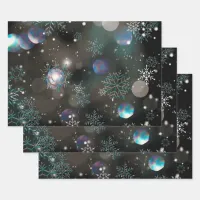 Falling Crystal Snowflakes and Bokeh on Black  Wrapping Paper Sheets