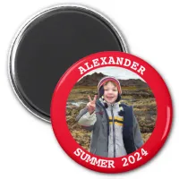 Personalized Round Family Photo Bright Red Magnet