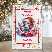 Anime Girl in Santa Hat Watercolor Christmas Medium Gift Bag