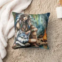 Native American Woman by Campfire With Wolf Throw Pillow