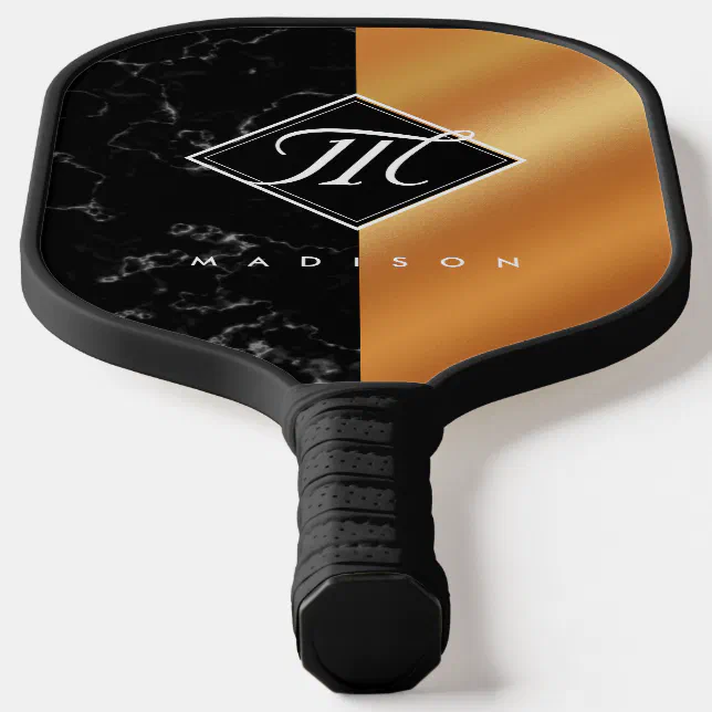 Elegant Black Marble & Copper Foil Script Monogram Pickleball Paddle