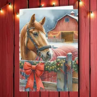 Beautiful Brown Horse at a Festive Barn Christmas Card