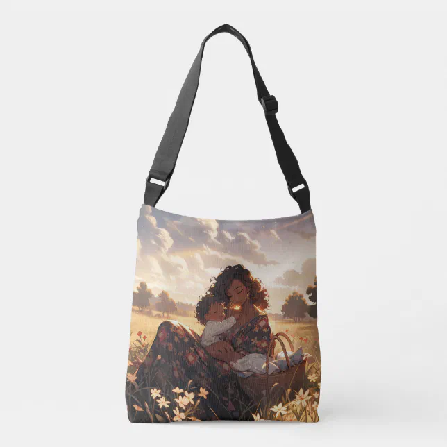 Anime mother in a morning meadow crossbody bag