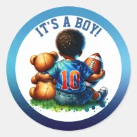 Football Baby Boy and Teddy Baby Shower It's a Boy Classic Round Sticker