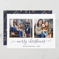 Navy Blue Gold Simple Script Merry Christmas Photo Holiday Card