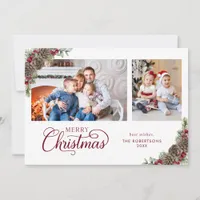 Elegant Christmas Script Botanical 2 Photo  Holiday Card