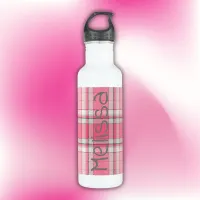 Pink and White Plaid Name Monogram | Stainless Steel Water Bottle