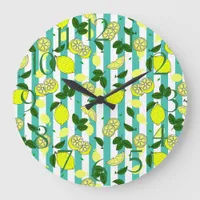 Summer Fruit Yellow Lemons on Blue Stripes Large Clock