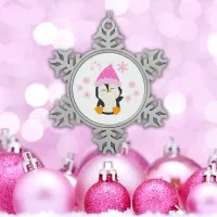 Cute Pink Christmas Penguin |  Snowflake Pewter Christmas Ornament